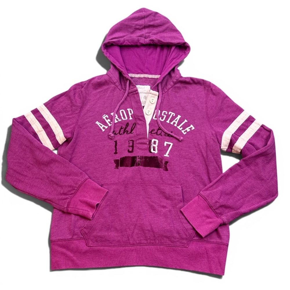 Vintage Y2K Aeropostale AERO Hoodie Womens Size XL Purple 1/4 Button Sweater